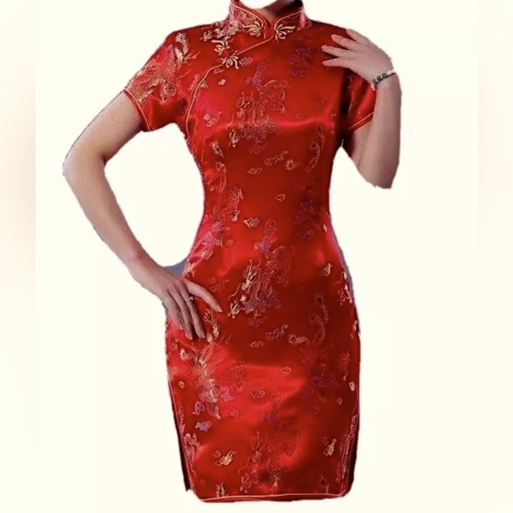 Oriental Silk and Satin Dress Brocade Embroidered Shapley Fit, NWOT, S